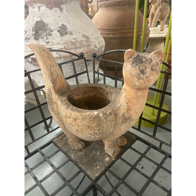 Vintage Wrought Iron Corner Bench With Terracotta Cat Statue Planer For Sale - Image 9 of 12