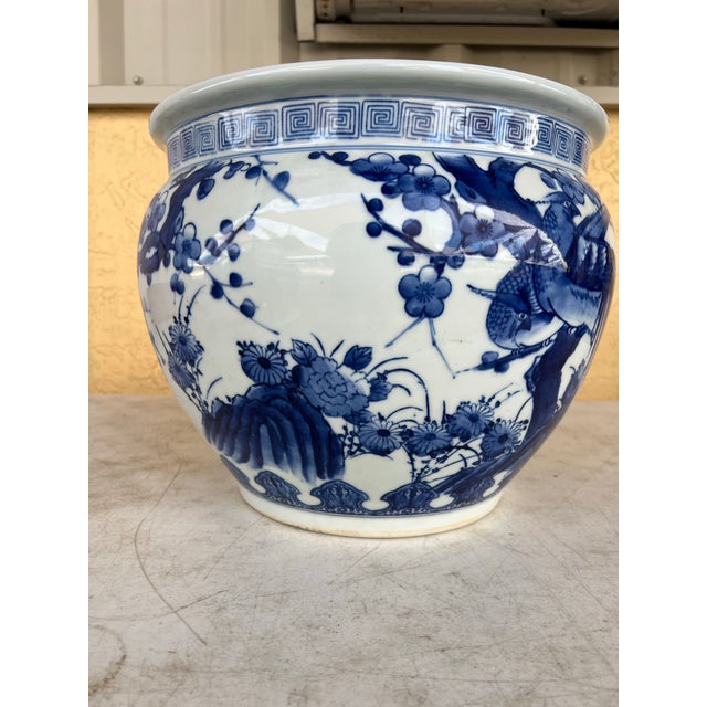 Ceramic Vintage Japanese Blue & White Bird & Cherry Blossom Jardinière / Planter For Sale - Image 7 of 9