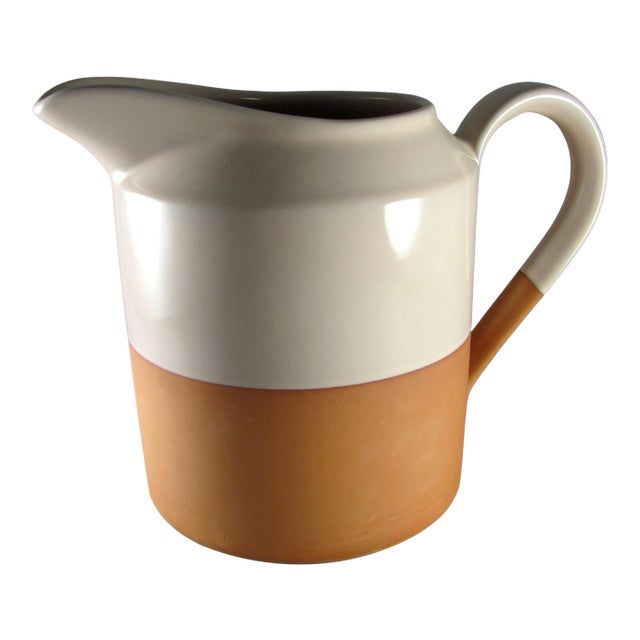 3 Quart Terra Cotta and Glazed Peach Ceramic Pottery Pitcher For Sale