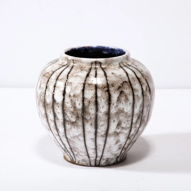 Mid-Century Modernist White and Earth Toned Ceramic Vase With Bowed Line Work For Sale - Image 11 of 13