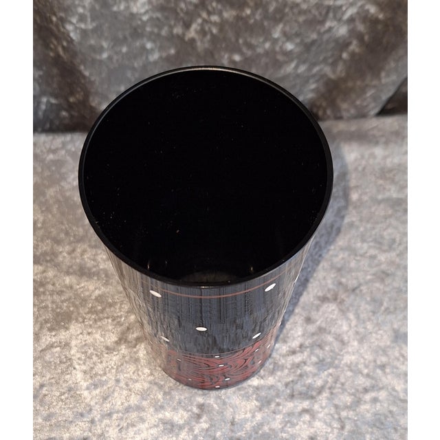 Art Deco Vase with White and Red Hand-Painted Decoration on Black Glass, 1930s For Sale - Image 3 of 5