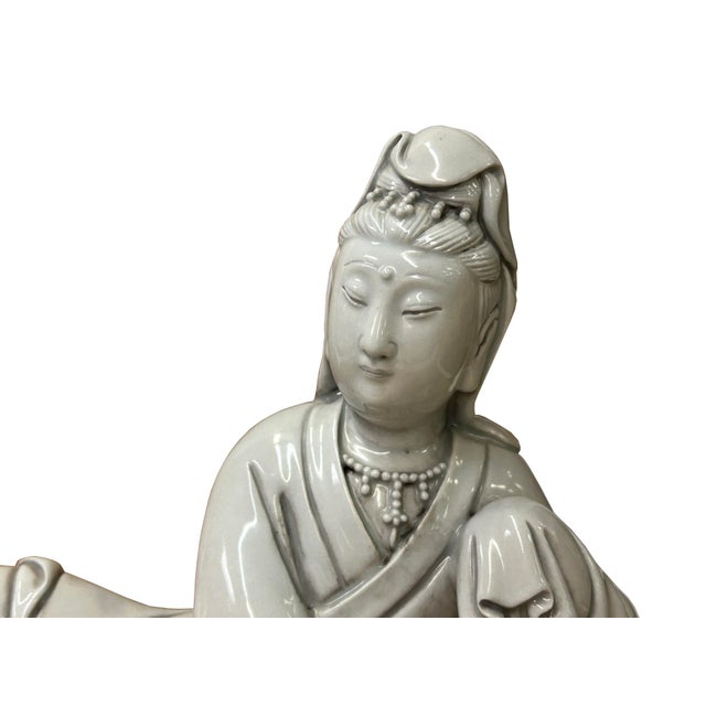 Chinese Vintage Finish Off White Porcelain Reclining Kwan Yin , Bodhisattva Statue For Sale - Image 13 of 13