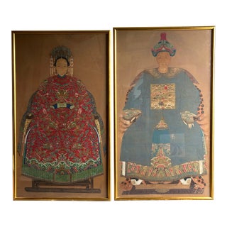 Late 19th Century Pair of Antique Chinese Ancestor Paintings, Framed For Sale