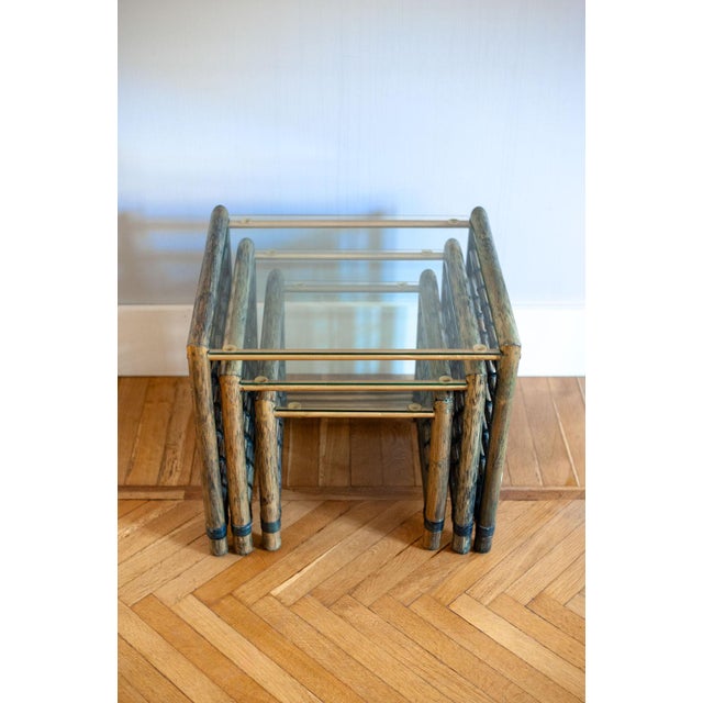 Vintage Nesting Tables in Bamboo with Glass Top from Gallotti & Radice, 1970, Set of 3 For Sale - Image 4 of 15