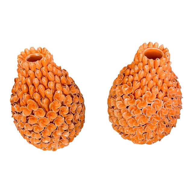 Pair of Vintage Mid-Century Italian Glazed Ceramic Trompe l'Oeil Floral Vases For Sale