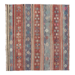Colorful Vintage Turkish Kilim Rug Striped Tribal Motifs Wool Flatweave For Sale