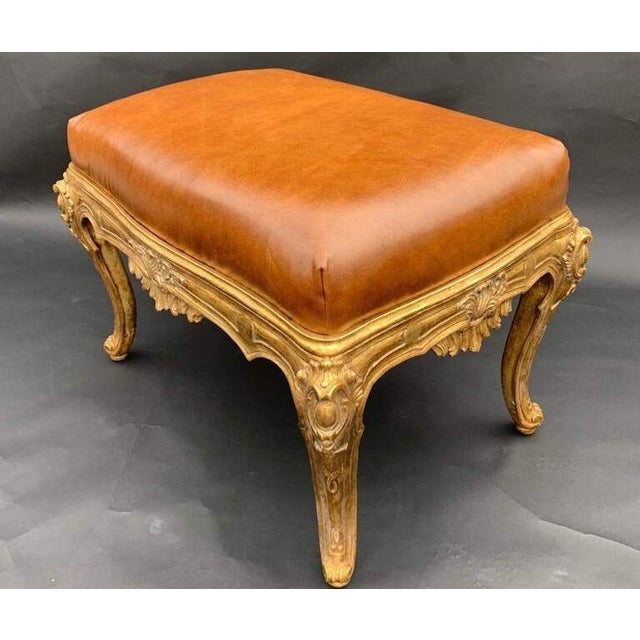 Gold Pair of Italian Gilt-Wood Benches With Brown Leather Upholstery, 20th Century. For Sale - Image 8 of 9