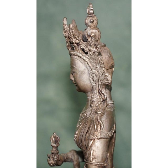 Tibetan Silvered Metal Buddhist Deity Figure Statue on Lotus Base For Sale - Image 18 of 18