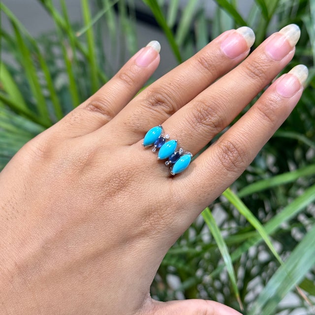 Not Yet Made - Made To Order 18k White Gold 3.31ct Turquoise, Blue Sapphire & Diamond Georgian Revival Ring Size 5.5 For Sale - Image 5 of 17