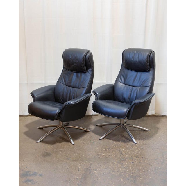 Pair Img Comfort Norwegian Leather Swivel and Reclining Lounge Chairs With Ottomans, Mid-20th Century For Sale - Image 16 of 18