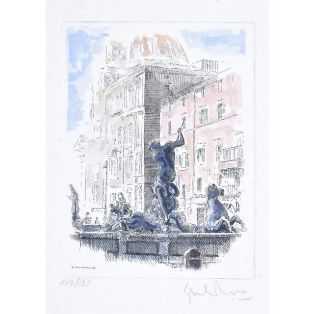 Giuseppe Malandrino - Navona Square - Fountain of the Triton - Rome - Etching by G. Malandrino - 1970s For Sale