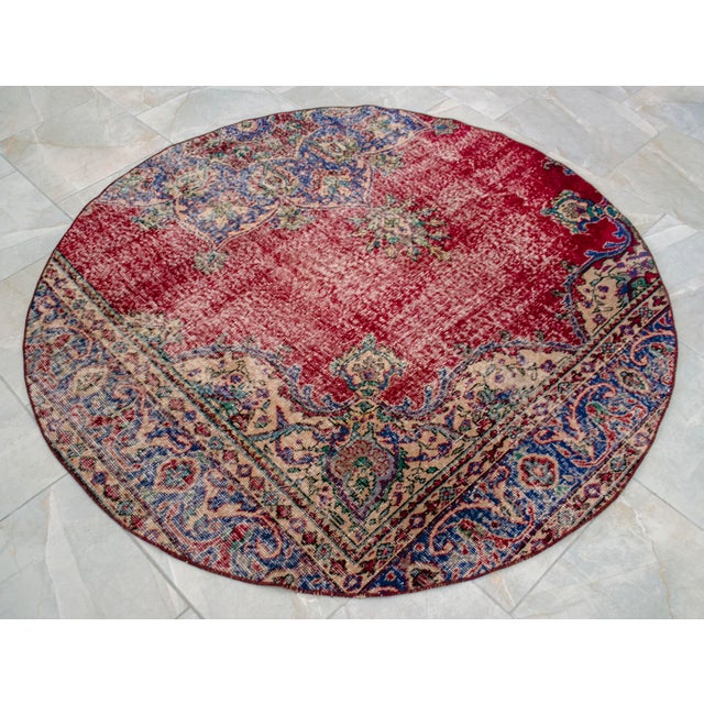Vintage Hand Knotted Round Turkish Rug Upcycled Wool Circle Area Rug 5'2" X 5'2" For Sale - Image 4 of 9