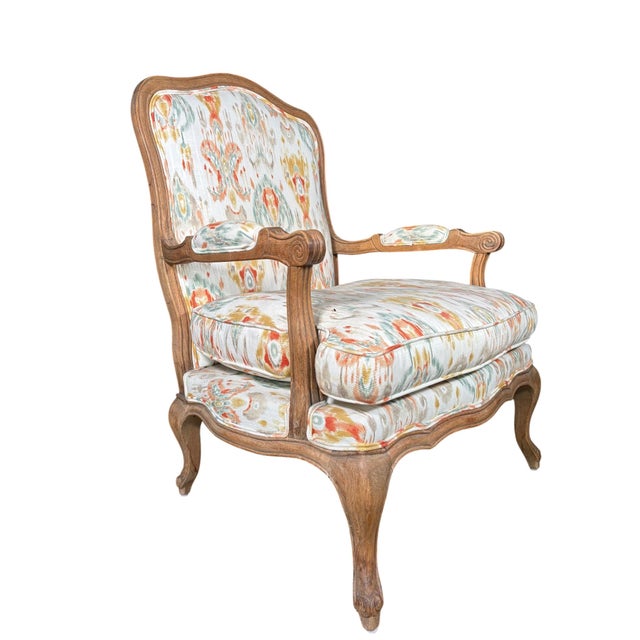 Louis XV-Style French Provincial Fauteuil in Custom Ikat Upholstery For Sale - Image 17 of 18