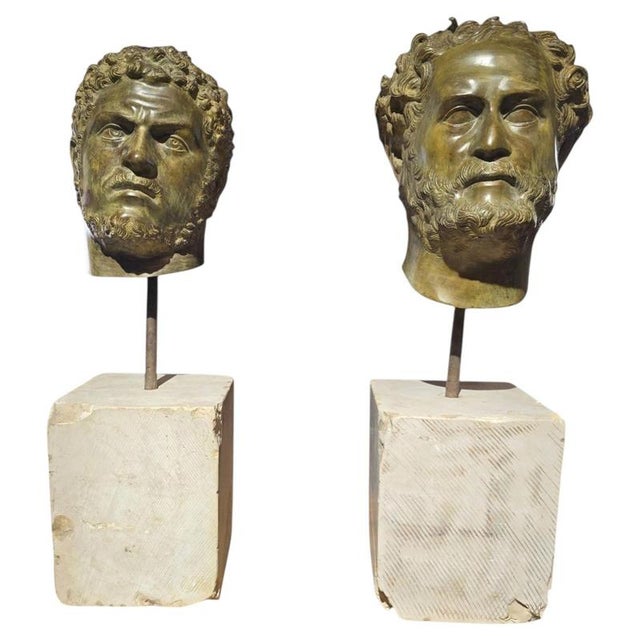Italian Artist, Pair of L Bronze Roman Emperor Heads on Marble Pedestals, 1950, Bronze For Sale - Image 11 of 11