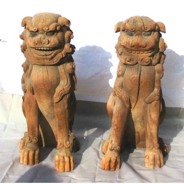 Pair of Meiji period wooden Foo Dogs or Shi-shi in the art style of the Kamakura period. Originally from a large Buddhist...