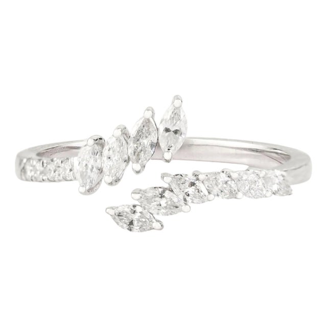 Modernist 14k White Gold Natural Diamond Open Bypass Ring Size 7 For Sale