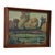Signed landscape painting depicting a tranquil pond bordered by trees in muted green, ochre, and brown tones. Executed in...