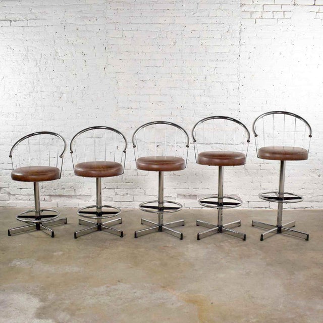 5 Cosco Vintage Modern Chrome Bar or Counter Stools W/ Brown Vinyl Faux