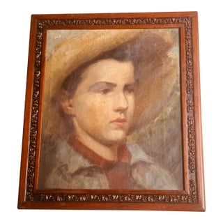 Circa 1900 American Oil Portrait, Boy in Straw Hat, Attributed to Edgar Cowan For Sale