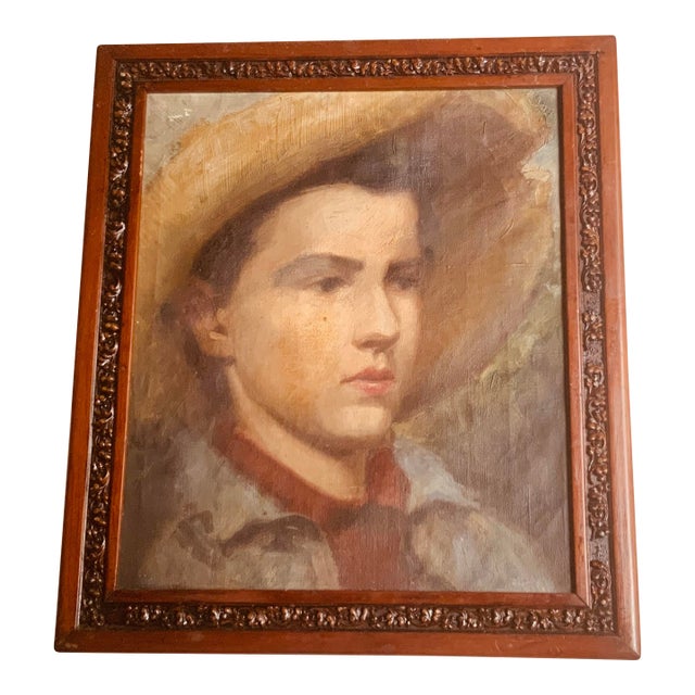 Circa 1900 American Oil Portrait, Boy in Straw Hat, Attributed to Edgar Cowan For Sale