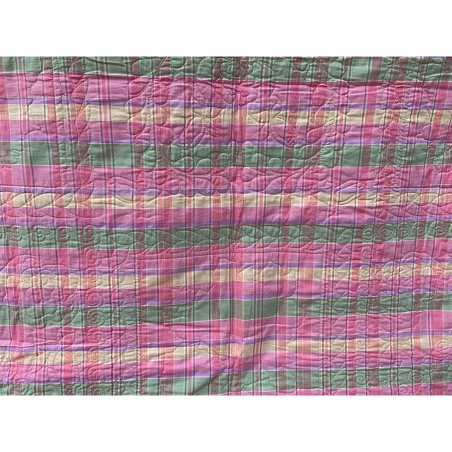 Vintage 1990’s Floral Patchwork Quilt Pink Green Yellow Roses Reversible to Pink Multi Seersucker Motifs 68” X 53” Twin For Sale - Image 9 of 12