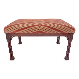 Mid 20th Century Chinese Chippendale Style Stool Faux Bamboo Legs Velvet Chevron Upholstery Bench For Sale