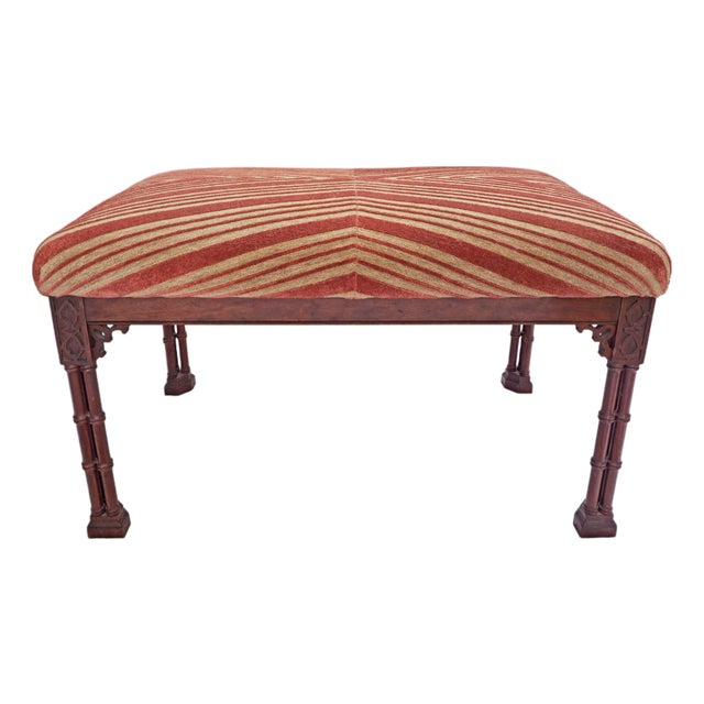 Mid 20th Century Chinese Chippendale Style Stool Faux Bamboo Legs Velvet Chevron Upholstery Bench For Sale