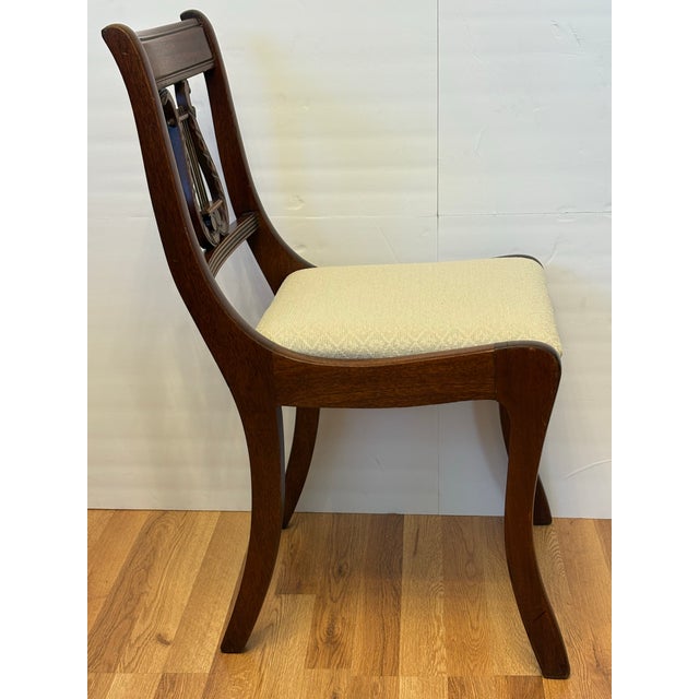 Neoclassical Mid-Century Duncan Phyfe Style Carved Mahogany Lyre Back Side Chairs - A Pair For Sale - Image 3 of 12