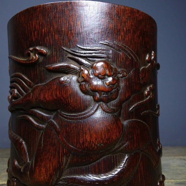 Vintage Chinese Bamboo Carved "Kui Xing" Brush Pot - 610g For Sale - Image 9 of 9