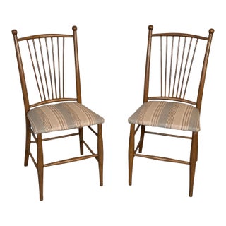 Pair of Vintage Walnut Spindle Back Upholstered Chairs For Sale