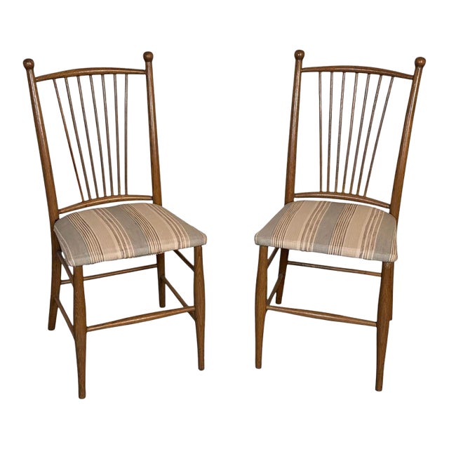 Pair of Vintage Walnut Spindle Back Upholstered Chairs For Sale