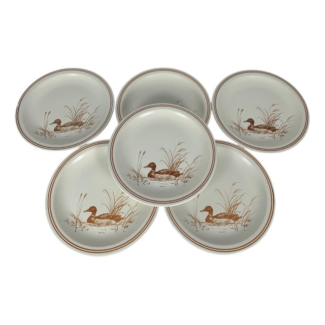Vintage Dessert Plate Set with Duck Pattern & Red-Brown Trim from Churchill England, 1990s, Set of 6 For Sale