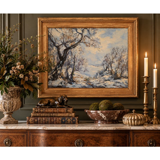 Vintage Winter scene in the woods, serene beauty of winter through the exquisite brushstrokes of Elmer Berge in this...