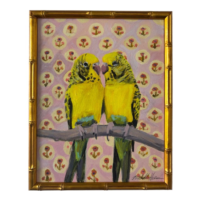 “Budgies With Pink Flowers ” an Original Painting by Michelle Heimann For Sale