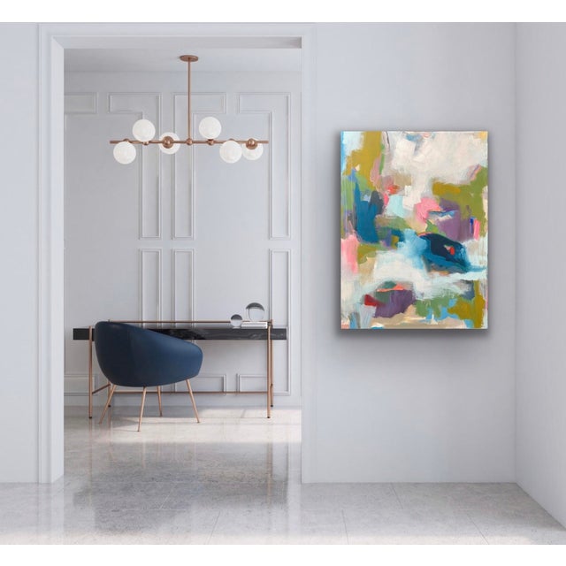 This acrylic painting presents an abstract composition filled with vibrant hues of blue, pink, green, and lavender,...