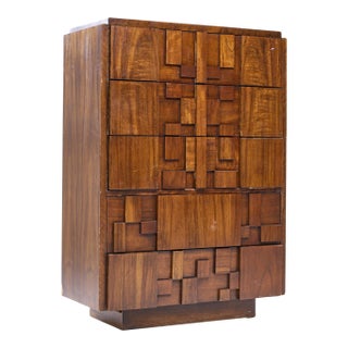 Lane Staccato Brutalist Mid Century Walnut Highboy Dresser For Sale