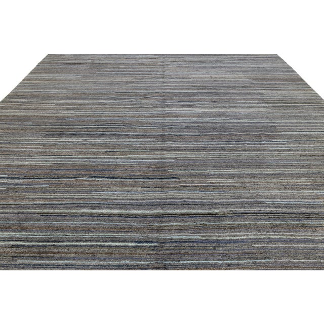 2010s Modern Hand-Knotted Indian Wool Area Rug – Earth Tone Linear Stripe Design 12x15 For Sale - Image 5 of 11