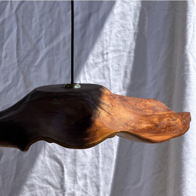 Large Flat Wavy Leaf-Shaped Teak Pendant Light with Floral Stripes, 1980s For Sale - Image 10 of 11