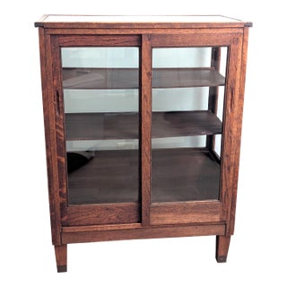 Antique Mission Oak Showcase Store Display Cabinet Bookcase With Sliding Doors For Sale