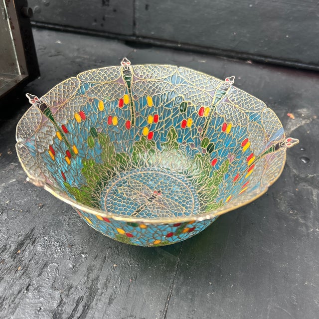 Pristine 7" Vintage Chinese Plique-À-Jour Transparent Enamelled 7-Dragonfly Bowl For Sale - Image 12 of 12