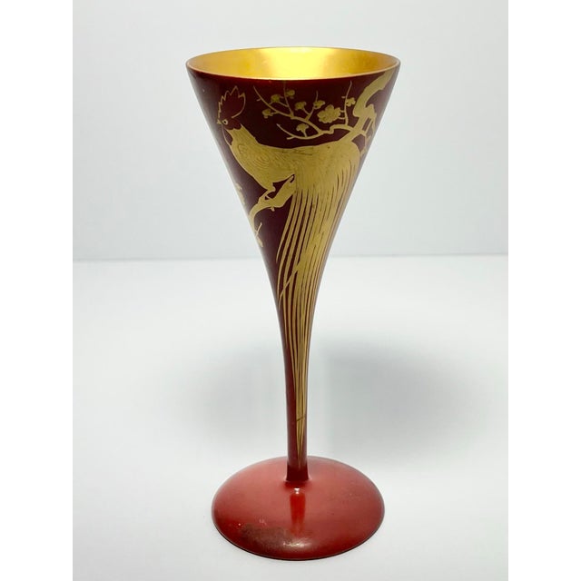 1960s 1960s Red Gold Urushi Lacquer Onagadori Rooster Sake Cocktail Glasses - Set of 9 For Sale - Image 5 of 12