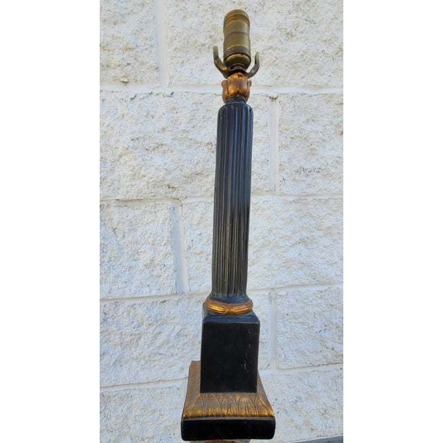 1930s Italian Art Deco Ebonized and Gilt Ornate Plaster Tower Table Lamp For Sale - Image 5 of 6