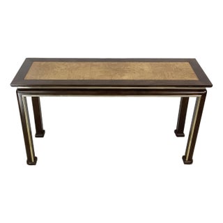 Vintage Burled Wood Console Table With Brass Accents and Ebonized Frame For Sale