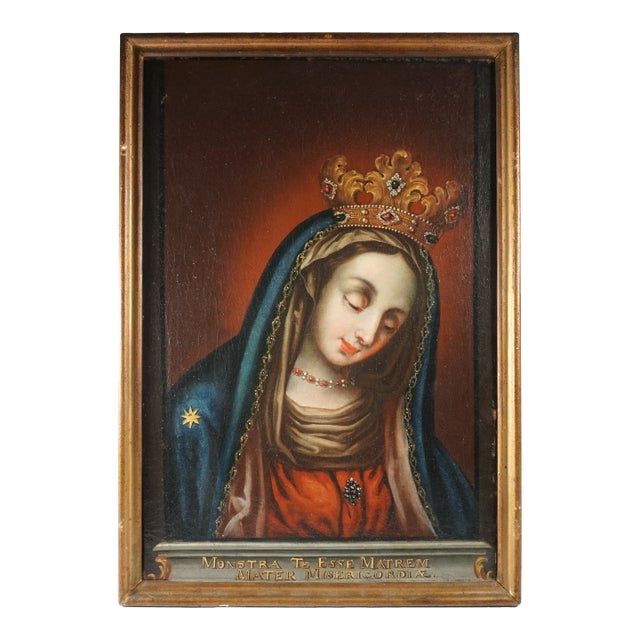 Antique 19c Portrait of Virgin Mary, Crowned Mother of Mercy, Religious Oil Painting For Sale
