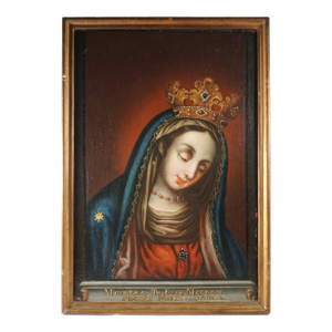 Antique 19c Portrait of Virgin Mary, Crowned Mother of Mercy, Religious Oil Painting