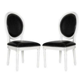 19''H French Brasserie Leather Oval Side Chair With Silver Nailheads in Black & Cream - a Pair For Sale