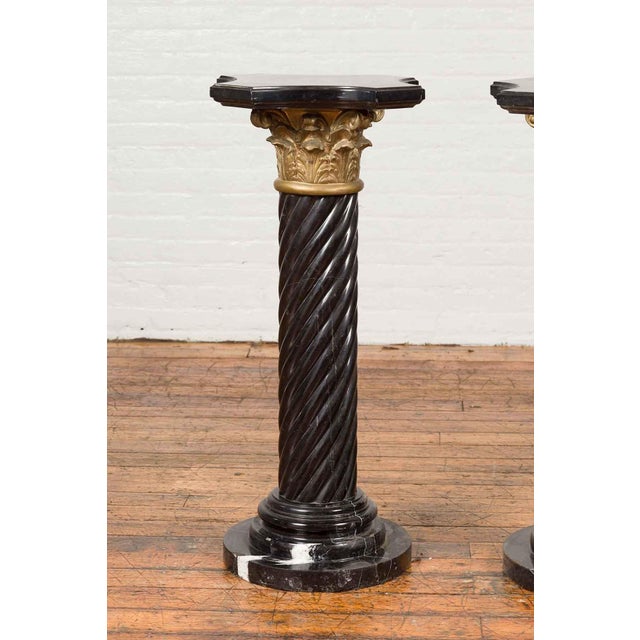 Mid-Century Modern Pair of Black Carrara Marble Twisted Pedestals with Bronze Corinthian Capitals For Sale - Image 3 of 15