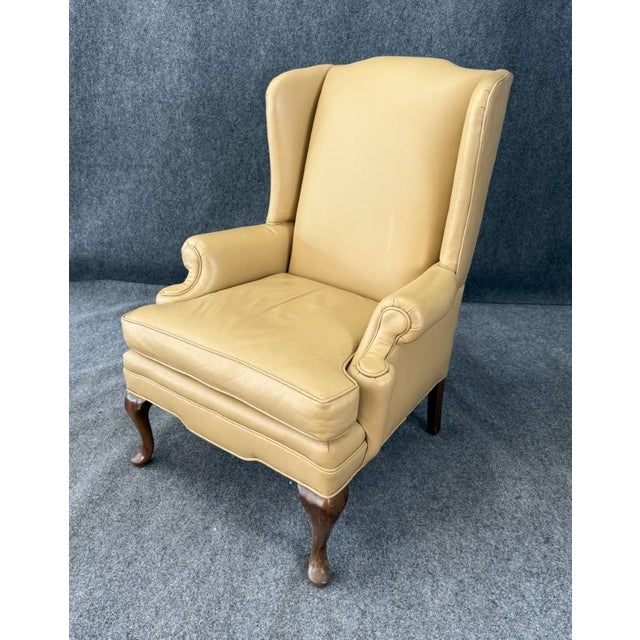 Queen Anne Late 20th Century Tan Leather Wingback Arm Chair For Sale - Image 3 of 12