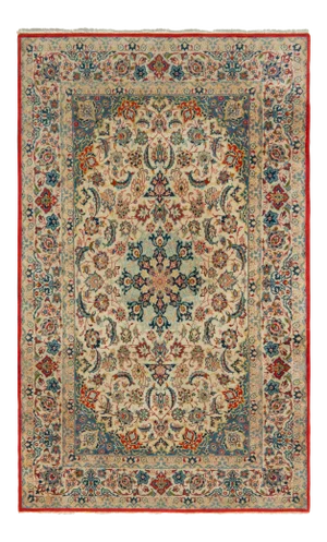 Vintage Isfahan Rug in Beige Blue and Red Persian Floral Pattern