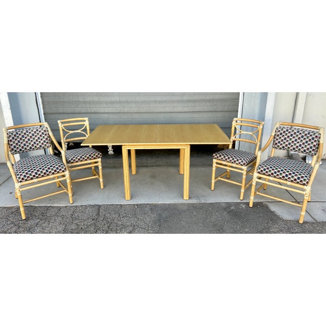 Mid-Century Modern 1970s McGuire Bamboo and Rattan Flip-Top Games Table With Extension Leaves and Four Dining Chairs For Sale - Image 3 of 12